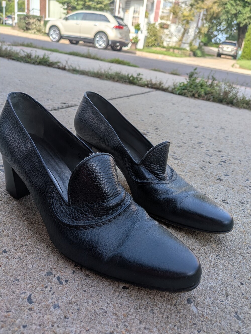 Black Pebbled Leather Walter Steiger Loafer Block Heel Pumps Made In Italy 9.5